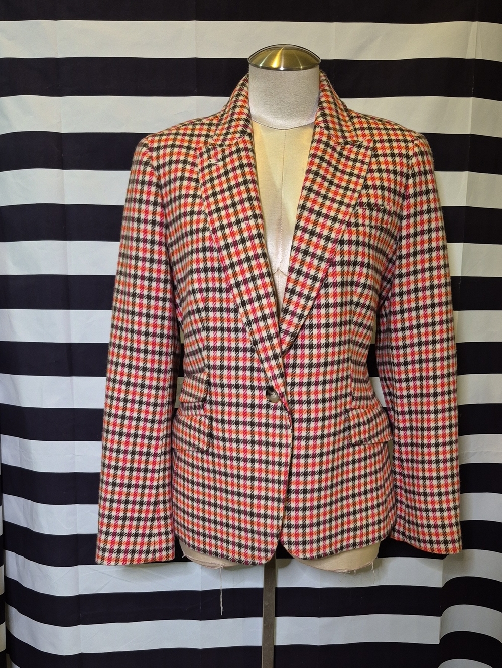 Talbots Pink, Orange, Brown & Cream Houndstooth Single-Button Blazer